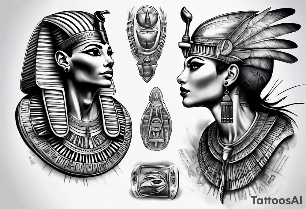 Egyptian theme full sleeve realistic tattoo idea