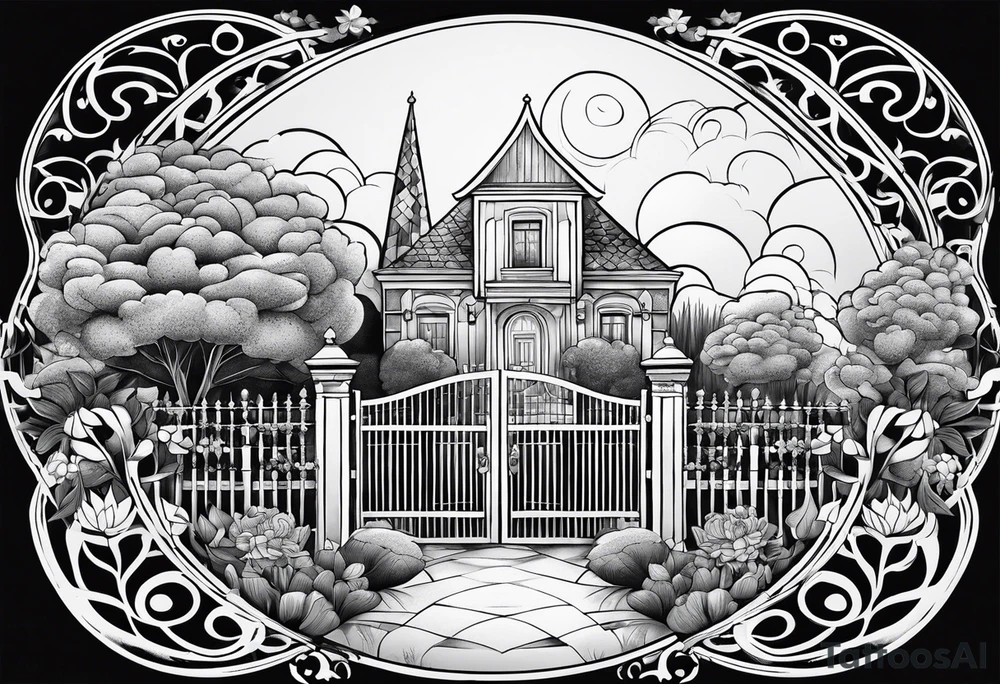night Jewish town  garden small houses gate entrance 
 in circle vignette surrounded by clouds floral tattoo idea