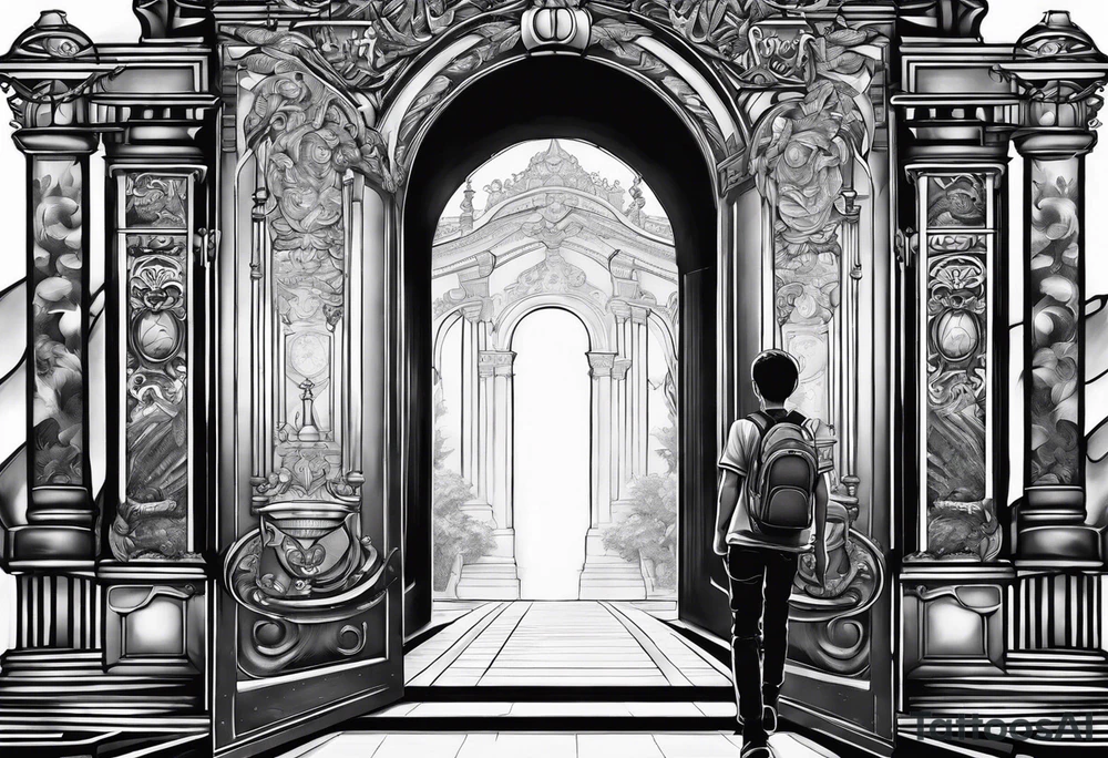kid walking to the gates of freedom and money tattoo idea
