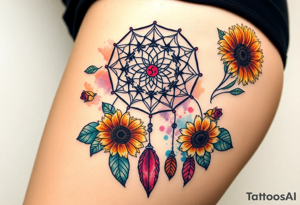 Dreamcatcher with zodiac symbols and protection runes caught in it with tigerlillies roses and sunflowers tattoo idea