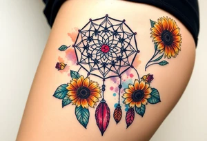 Dreamcatcher with zodiac symbols and protection runes caught in it with tigerlillies roses and sunflowers tattoo idea