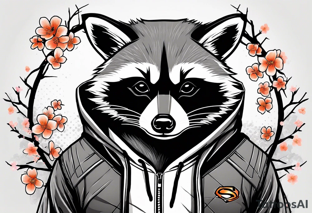 raccoon wearing a black and white Superman hoodie and orange Japanese cherry blossoms tattoo idea
