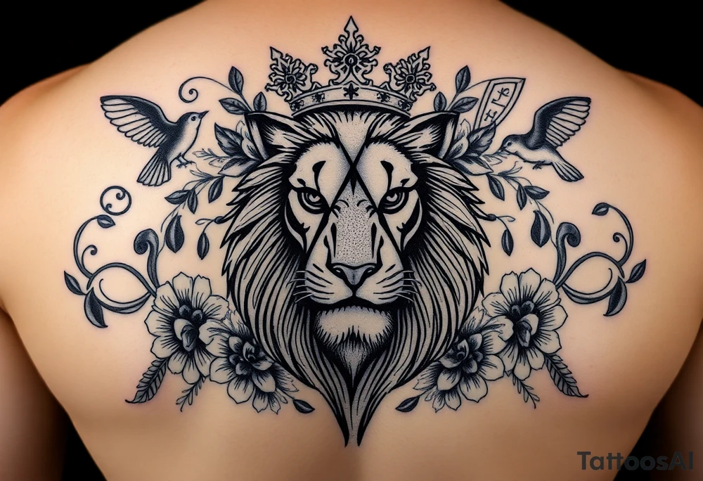 powerful majestic lion with a crown, surrounded by floral ornaments and birds tattoo idea
