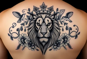 powerful majestic lion with a crown, surrounded by floral ornaments and birds tattoo idea