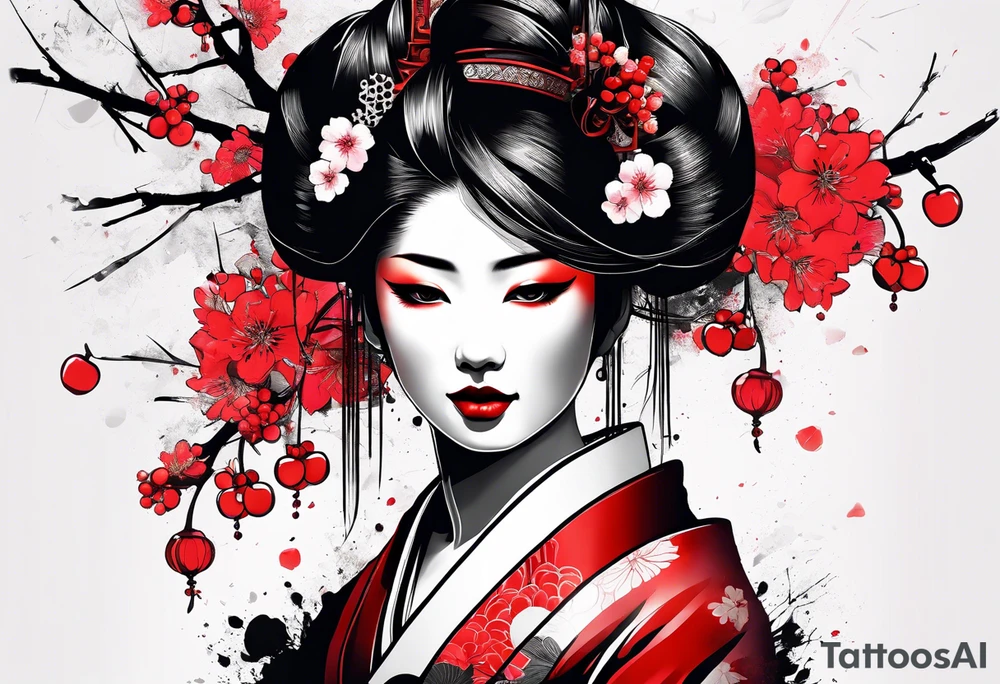 trash polka cyber geisha red sun cherry blossoms tattoo idea