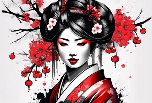 trash polka cyber geisha red sun cherry blossoms tattoo idea