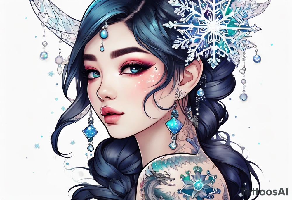 Constellation, kawaii dragon girl , snowflake tattoo idea