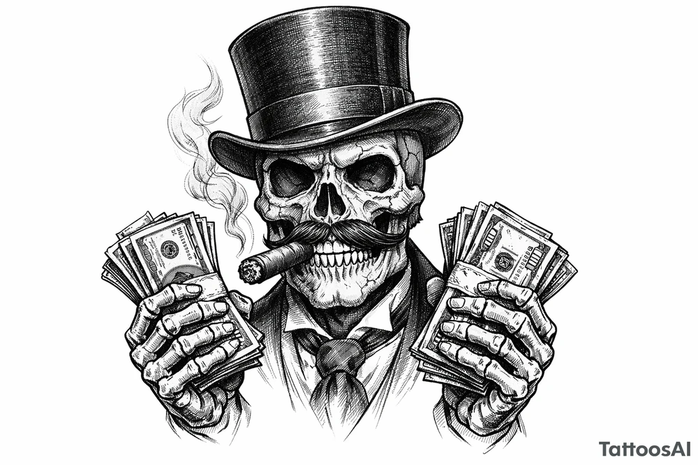 skull with mustache,top-hat,cigar in his mouth,money in both hands. tattoo idea