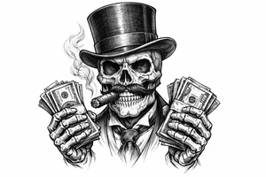 skull with mustache,top-hat,cigar in his mouth,money in both hands. tattoo idea