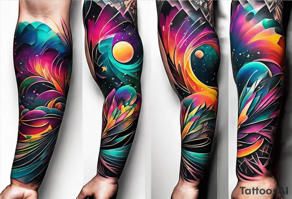 large forearm tattoo with lines, splatters, abstract shapes, very colorful. tattoo idea