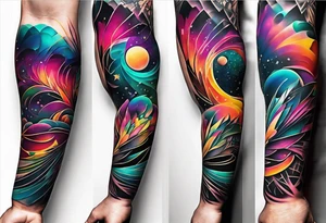 large forearm tattoo with lines, splatters, abstract shapes, very colorful. tattoo idea