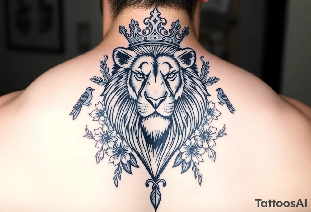 powerful majestic lion with a crown, surrounded by floral ornaments and birds tattoo idea