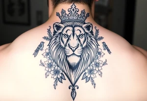 powerful majestic lion with a crown, surrounded by floral ornaments and birds tattoo idea