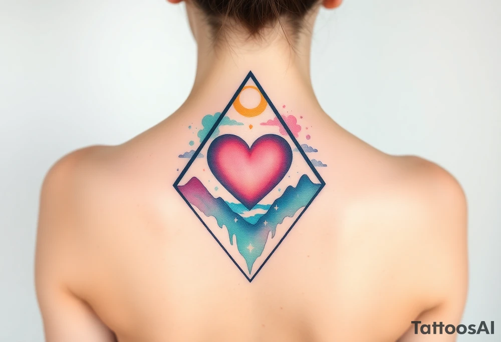 A triangle with a big heart in the center with a travel theme tattoo idea