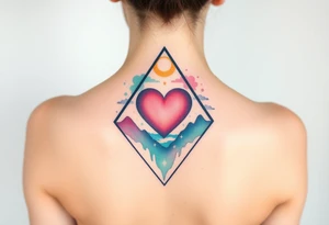A triangle with a big heart in the center with a travel theme tattoo idea