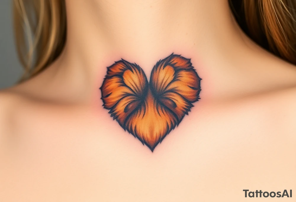 A hyper-realistic dog paw forming a heart, with fine fur details and warm shades of golden brown, caramel, and soft beige for a lifelike effect tattoo idea