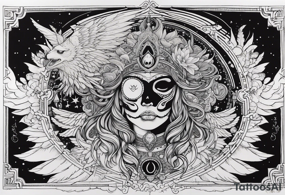 black kali, goddess pirate, alien, angel, pachamama, valkrye, warrior, flying, skull, lotus azul, wing, eagle, zenza resonance, stars, 5D, anahata chakra, death, durga, riding on a tiger, flying lady, chest tatoo tattoo idea