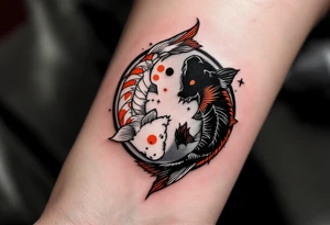 Dual Koi Yin-Yang Design – Two koi, one white with orange patches and the other black with red tips, forming a yin-yang circle to represent balance and duality. tattoo idea