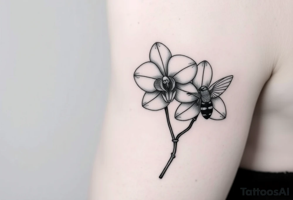 A delicate, black and white fine-line tattoo for male, featuring gracefully detailed 2 orchids in full bloom including their stems, with soft, intricate petals and elegant curves. Beside it, a hummingbird hovers mid-flight, its wings drawn with subtle motion lines, its slender beak reaching toward the orchid’s center to drink its nectar. on the other flower there is a bee that is resting tattoo idea