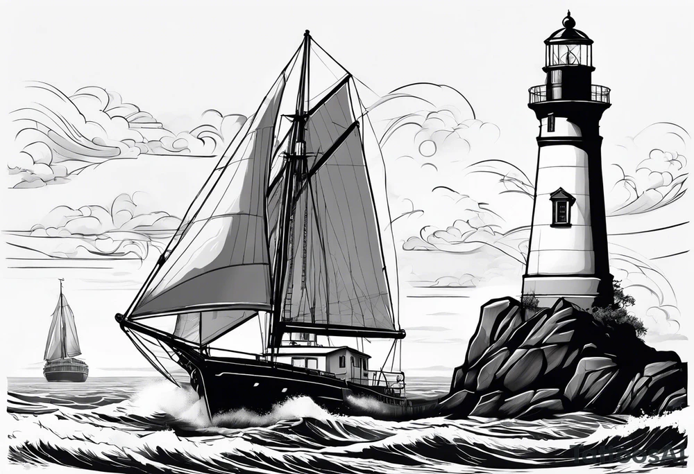 maritime lighthouse with 2 large sails attached. tattoo idea