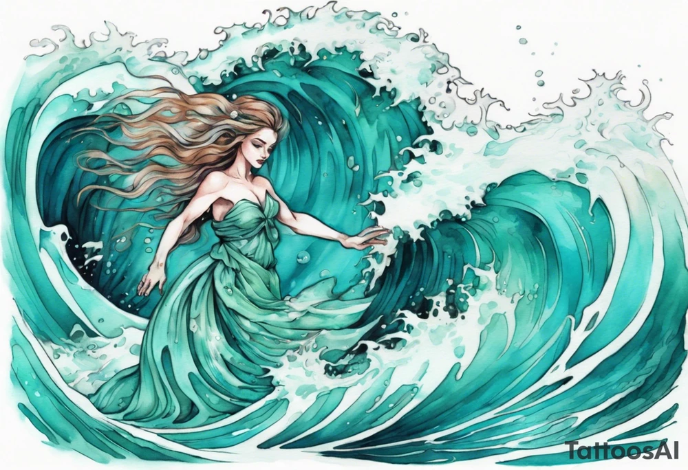 a beautiful turquoise rusalka emerging from an ocean wave, crashing onto the shore tattoo idea