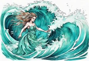 a beautiful turquoise rusalka emerging from an ocean wave, crashing onto the shore tattoo idea