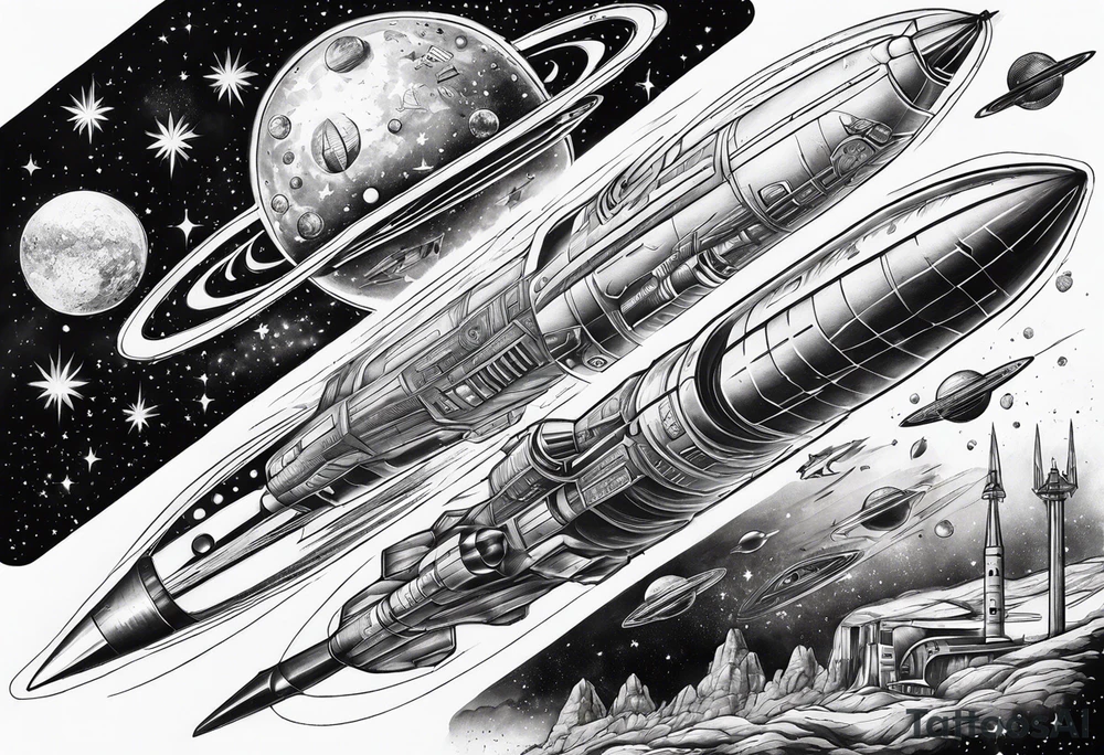 space themed arm sleeve with aliens ufos airplanes and rockets tattoo idea