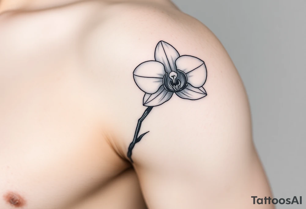 A delicate, black and white fine-line tattoo for make, featuring a gracefully detailed orchid stem with two flowers in full bloom, with soft, intricate petals and elegant curves tattoo idea