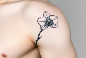 A delicate, black and white fine-line tattoo for make, featuring a gracefully detailed orchid stem with two flowers in full bloom, with soft, intricate petals and elegant curves tattoo idea