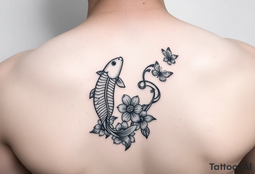 Two small koi fish wrap around wrist tattoo with flowers and butterfly on the wrist fine line tattoo idea