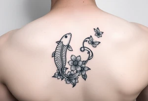 Two small koi fish wrap around wrist tattoo with flowers and butterfly on the wrist fine line tattoo idea