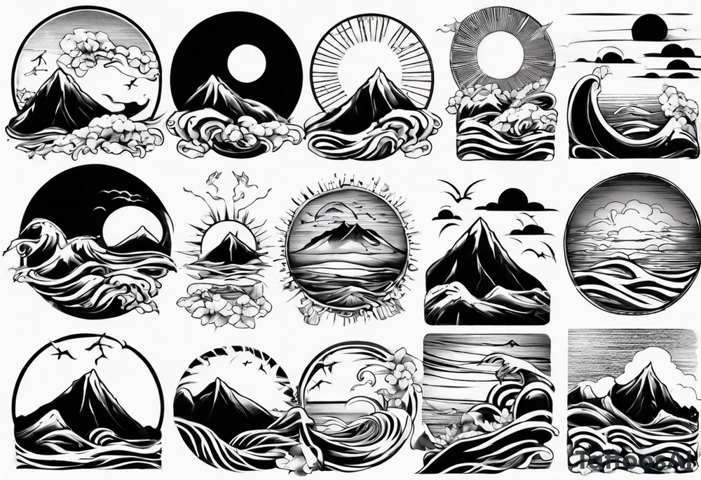 mountains, beach, waves, sun tattoo idea