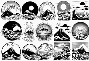 mountains, beach, waves, sun tattoo idea