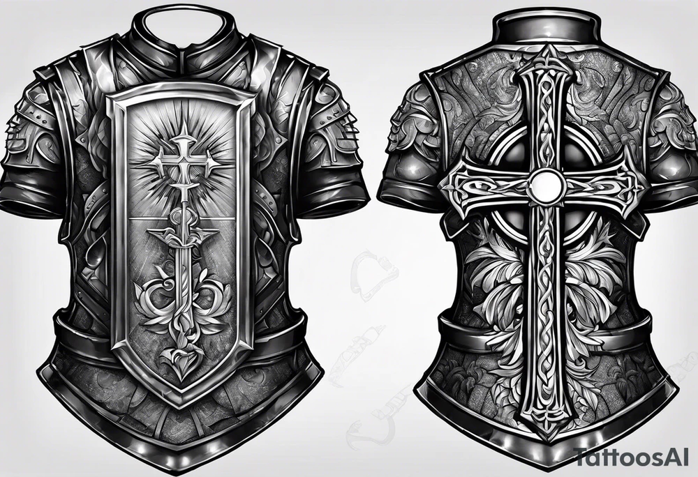 body armor piece with a cross in the center and a sun on the side tattoo idea