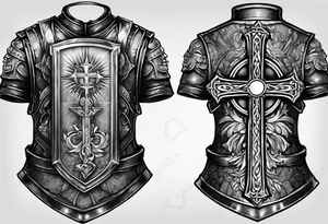 body armor piece with a cross in the center and a sun on the side tattoo idea