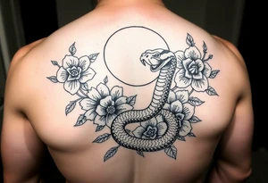A snake slithering in different flowers with a crescent moon in the background, for a ribcage tattoo idea