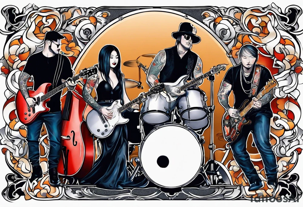 Just 4 fun band with guitar and drums three guys and one lady singer tattoo idea