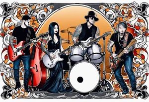 Just 4 fun band with guitar and drums three guys and one lady singer tattoo idea