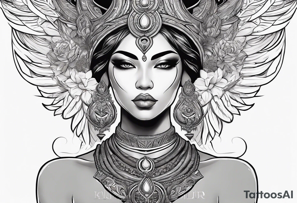 left side chest looking right, kali, alien goddess, valkrye, zenza, lotus, wing, pachamama, tattoo idea