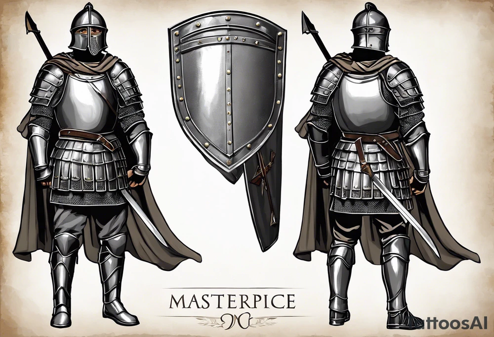 a sketch of a high ranking roman soldier from AD 60, wearing armour which must include an armoured belt, breastplate, armoured shoes, shield, helmet and sword.
the soldier must look strong. the soldier is faceless. The image must include the full person, not just the top half. The soldier is mid-battle, fending off flaming arrows with his shield tattoo idea