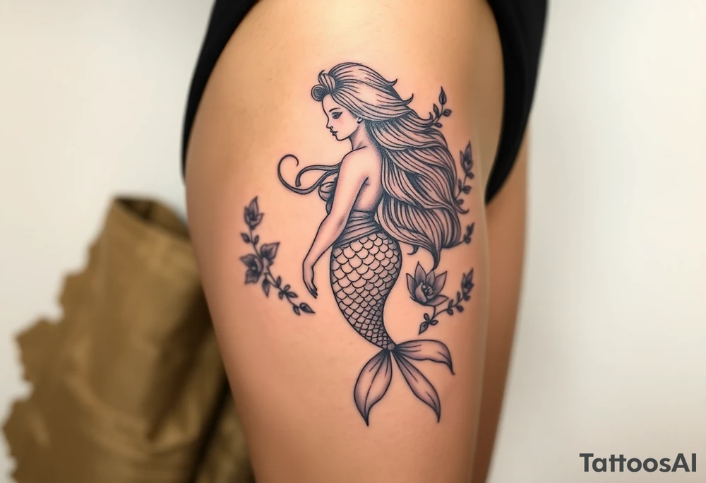 ethereal mermaid with flowing hair among coral and sea flowers tattoo idea