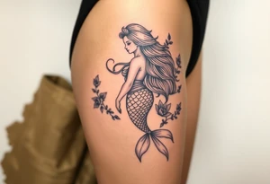 ethereal mermaid with flowing hair among coral and sea flowers tattoo idea