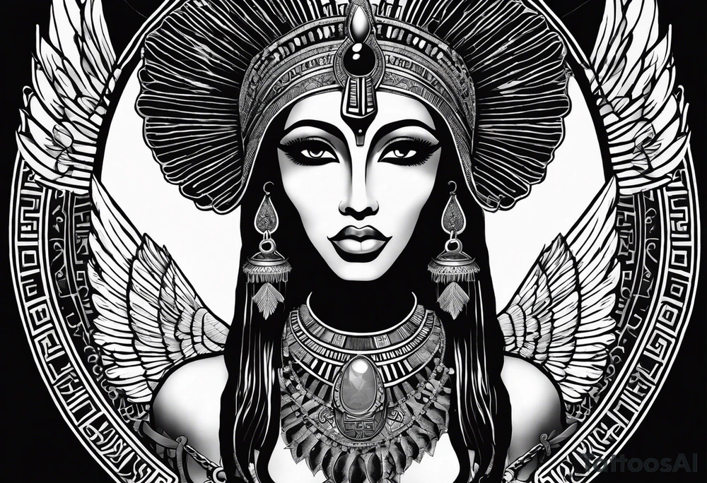 black and white Egyptian goddess Isis, who is often depicted as a woman with outstretched wings, holding an ankh (a symbol of life) in one hand and a lotus flower in the other. Her headdress often includes a throne or a solar disk. The tattoo design can vary in style and size, but it typically aims to capture the essence of this revered Egyptian deity, emphasizing her beauty, power, and maternal qualities. The choice of colors and additional elements can also be customized to create a unique and visually striking representation of the goddess Isis tattoo idea