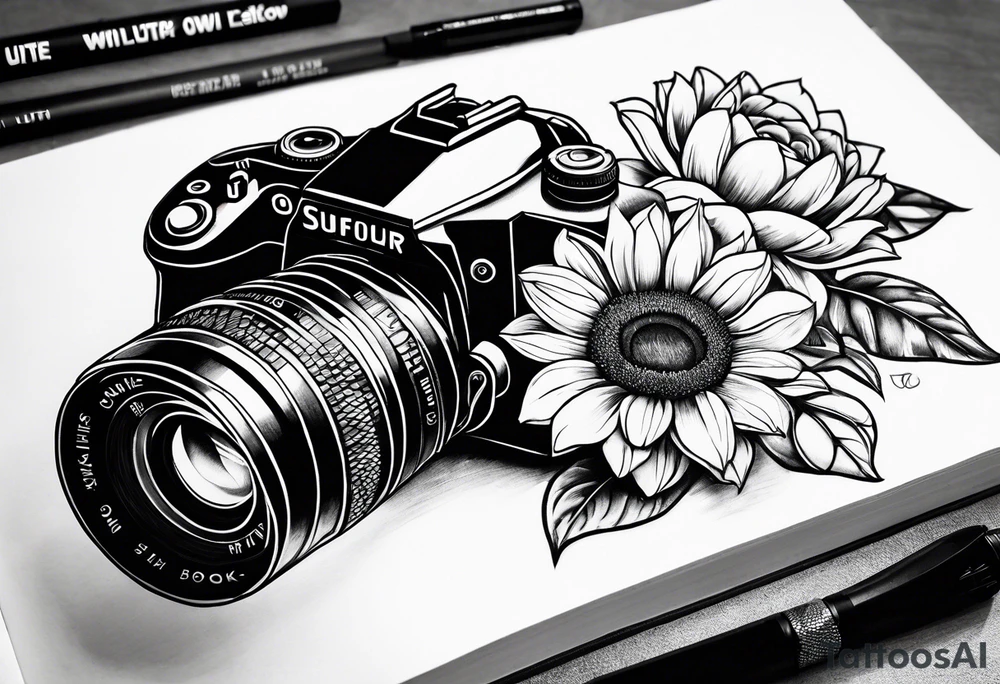 Sunflower, camera, book, owl, flower rose tattoo idea