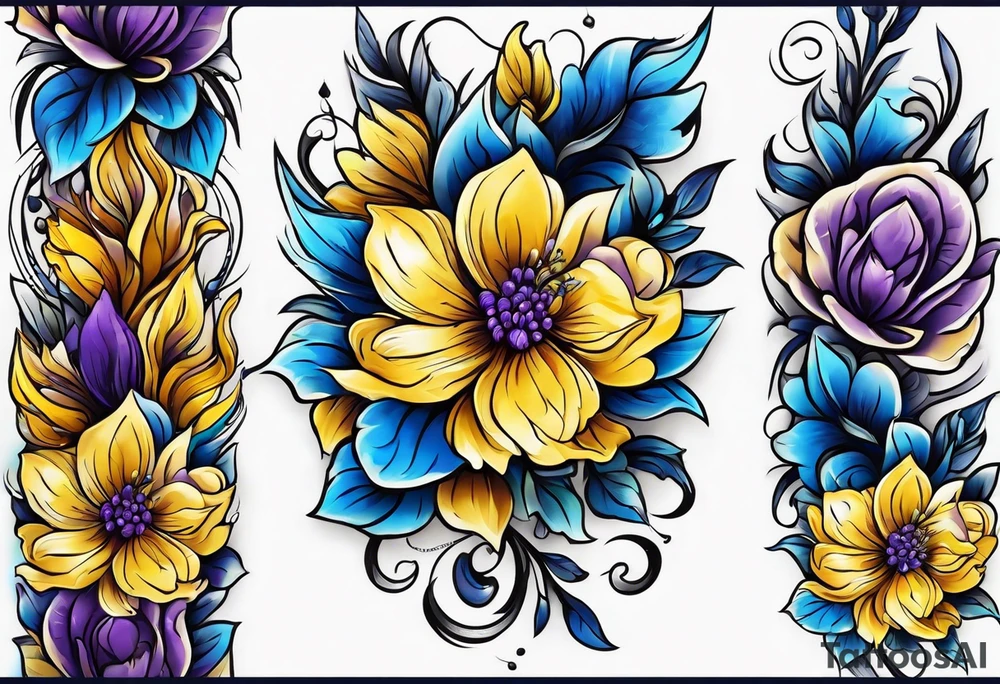 Blue yellow and purple flowers arm sleeve tattoo idea