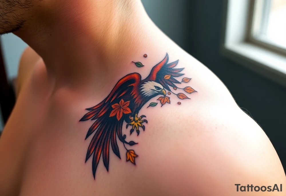 An eagle with a powerful wingspan, with autumn leaves swirling around it, painted in rich earthy tones of brown, red, and orange tattoo idea