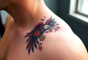 An eagle with a powerful wingspan, with autumn leaves swirling around it, painted in rich earthy tones of brown, red, and orange tattoo idea