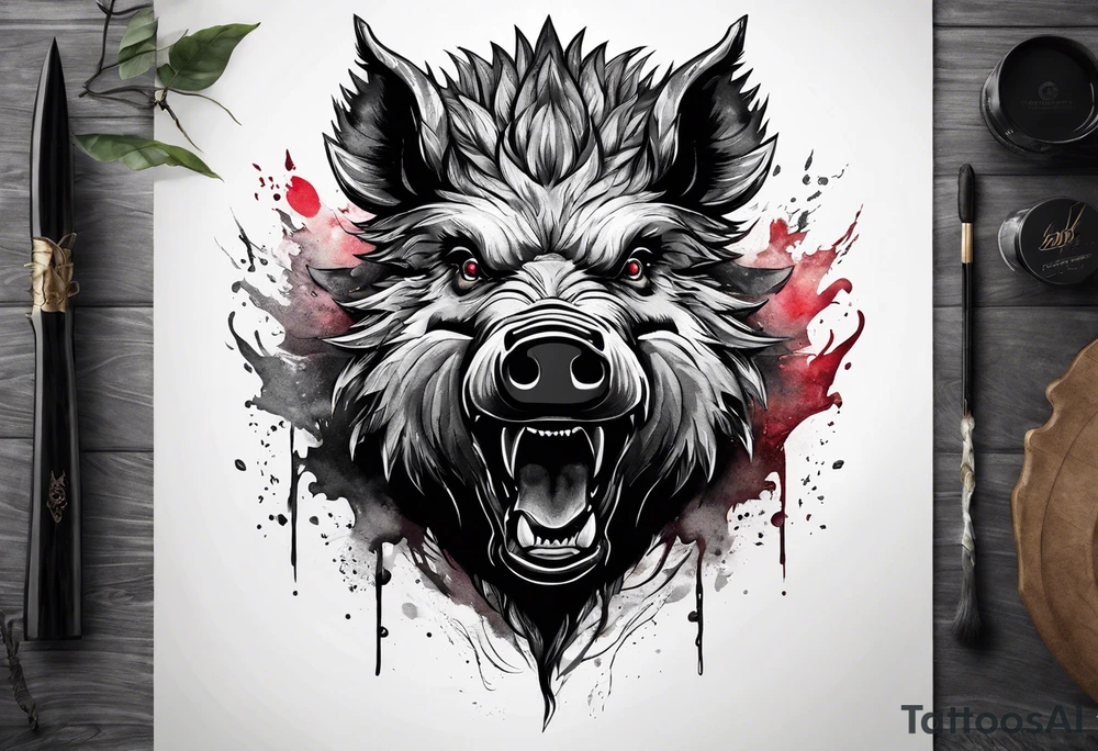 angry boar front tattoo idea