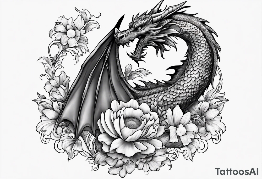 Dragon with sweet pea daisy flower tattoo idea