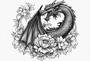 Dragon with sweet pea daisy flower tattoo idea